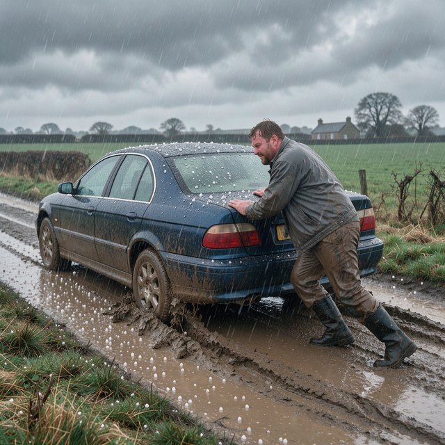 A man is pushing his car, which is stuck in the mud, amid heavy rain in the countryside. The sky is gloomy, and some hail is also falling on the car and the ground. The big man has mud all over his trousers. Show him struggling. — FLUX 3 Image