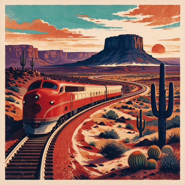 At dawn, a scarlet desert train curves past saguaro silhouettes toward a mesa; screen-printed gouache illustration in mid-century travel-poster style, palette of rust, turquoise, sand, and cream, no lettering. — Seedream 5.0 Flash