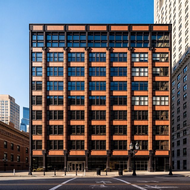Exterior of a Chicago School office tower, with a visible steel-frame grid, warm terra-cotta cladding, broad rectangular windows, and a flat roofline; clear afternoon light, viewed from across a city street, with precise verticals and believable construction. — Recraft v4 Pro