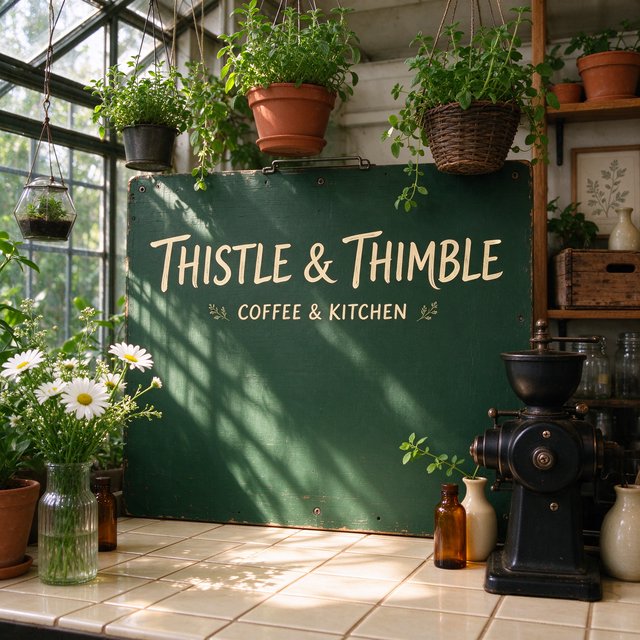 At a neighborhood greenhouse café, sunlight filters through hanging herbs above a tiled counter; "THISTLE & THIMBLE" is painted in hand-lettered cream script across a deep green wooden menu board. — Seedream 5.0 Flash