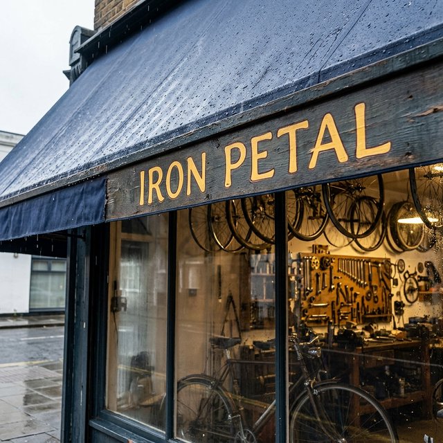 Rain beads on a bicycle repair shop’s blue awning, with wheels and brass tools visible behind the glass; “IRON PETAL” is lettered in warm yellow enamel capitals across the wooden fascia. — Nano Banana 2.1