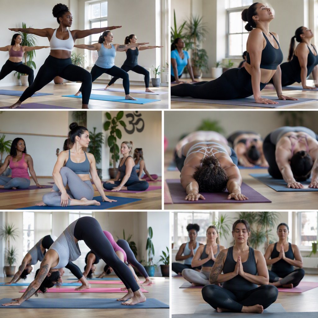 A realistic image of a group of adult women at a yoga class. Women of many races, with slim, curvy, and other body types, all wearing yoga wear, all on colorful yoga mats, all posing, with many angles and POVs. 3–6 angles. — GPT Image 2.5 Sunburst