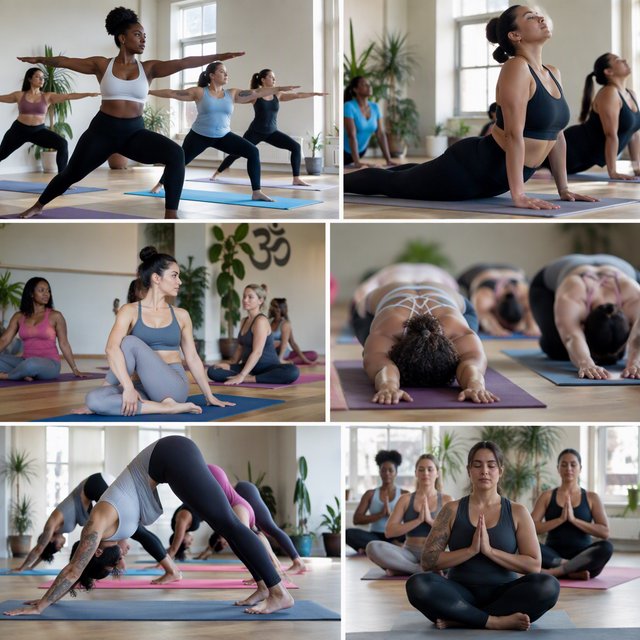 A realistic image of a group of adult women at a yoga class. Women of many races, with slim, curvy, and other body types, all wearing yoga wear, all on colorful yoga mats, all posing, with many angles and POVs. 3–6 angles. — GPT Image 2.5 Sunburst