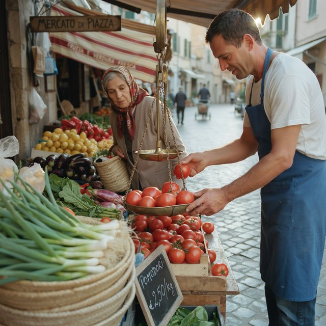 Candid street photograph of an outdoor vegetable market at golden hour, a vendor weighing tomatoes on a brass scale, shallow depth of field, 50mm lens. — Ideogram v4