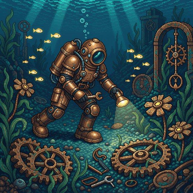 A brass-suited adult diver explores a submerged clockwork garden, where kelp curls around sunken gears and tiny fish glow in the dark; pixel art illustration, palette of teal, copper, midnight blue, and lemon yellow. — FLUX 3 Image