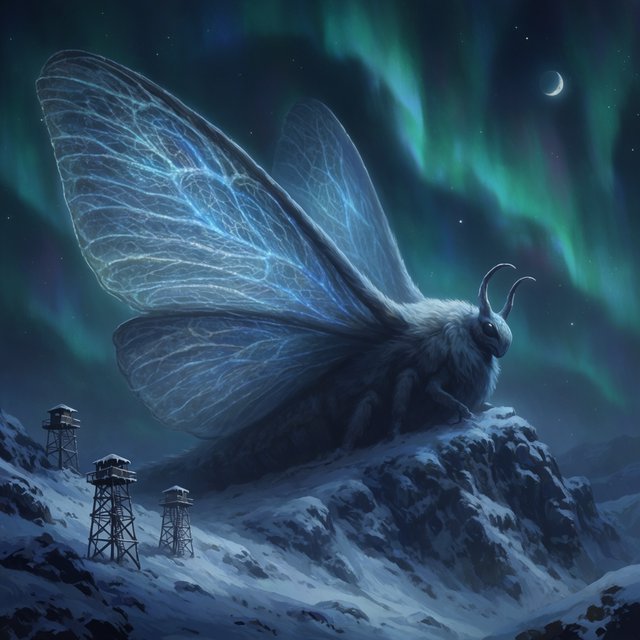 A colossal moon-moth leviathan rests atop a snowbound mountain ridge, its translucent wings veined with blue fire and its fur silvered by frost. Tiny abandoned watchtowers below emphasize its immense scale beneath an aurora-filled sky. — Krea 2 Large