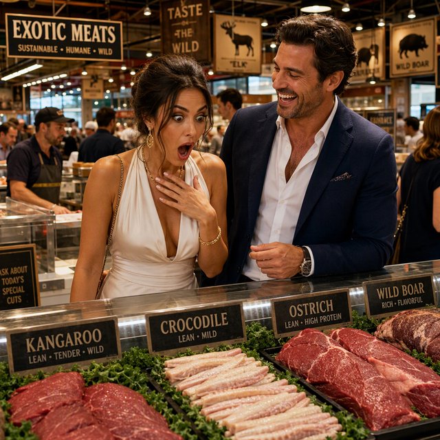 Glamorous adult couple browsing an exotic meat market. The woman has a look of pure surprise at what is on sale. The man just laughs at her reaction! The market is busy and well lit. — GPT Image 2