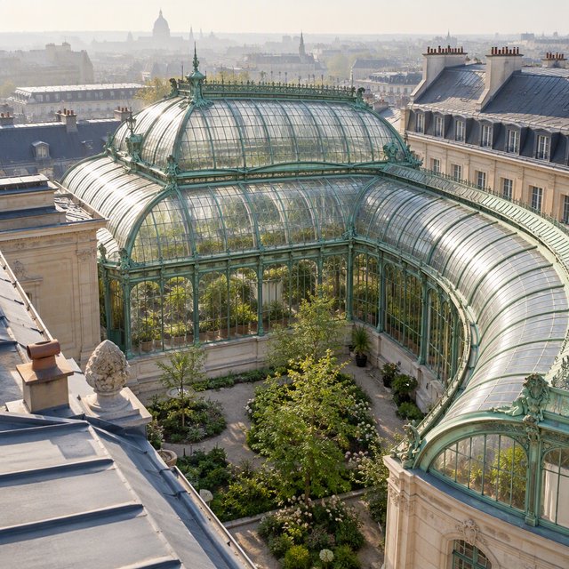 From a nearby rooftop, an Art Nouveau conservatory curves around a planted courtyard, its green copper ribs, clear glass, and pale stone base catching hazy morning light; orderly rooflines and believable supports show from above. — GPT Image 2.5 Flare