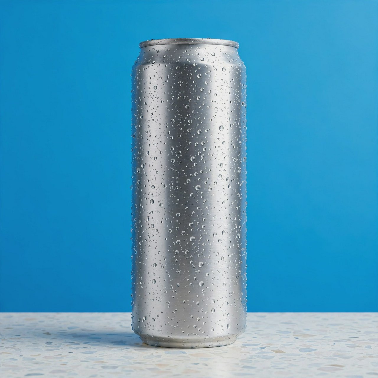 A slim, unbranded sparkling-water can of brushed aluminum, beaded with condensation, stands on a pale terrazzo surface against a seamless electric-blue background; broad overhead diffusion and a crisp side strip create clean highlights, with no lettering or graphics. — Muse Image 1.0