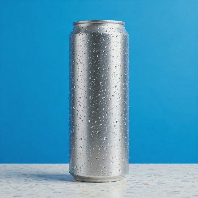 A slim, unbranded sparkling-water can of brushed aluminum, beaded with condensation, stands on a pale terrazzo surface against a seamless electric-blue background; broad overhead diffusion and a crisp side strip create clean highlights, with no lettering or graphics. — Muse Image 1.0