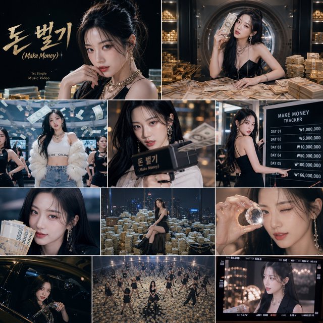 A pretty K-pop idol who is 19–21 years old at a music video shoot. The music video is for her hit song "돈 벌기" (Make Money). The setting of the music video relates to the song name. At least 4 scenes and many angles. — GPT Image 2