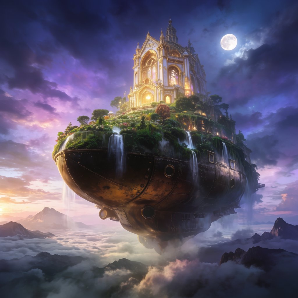 A colossal floating archive-ship drifts above storm clouds, its bronze hull wrapped in hanging gardens and luminous windows, while waterfalls spill into the sky. Distant mountain peaks pierce the cloud sea beneath a violet sunset and cold silver moonlight. — Krea 2 Large