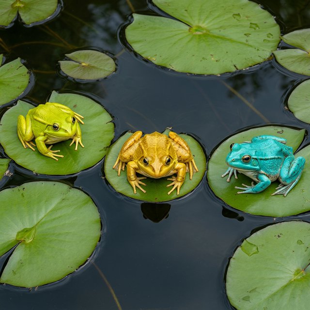 A still pond holds exactly three frogs on separate lily pads: a lime-green frog at the left, a golden-yellow frog in the center, and a turquoise frog at the right. All face forward; nothing else. — Model 18