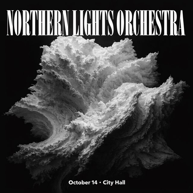 A minimalist concert poster with the words "NORTHERN LIGHTS ORCHESTRA" large at the top and "October 14 · City Hall" small at the bottom, two-colour print. — Recraft v4