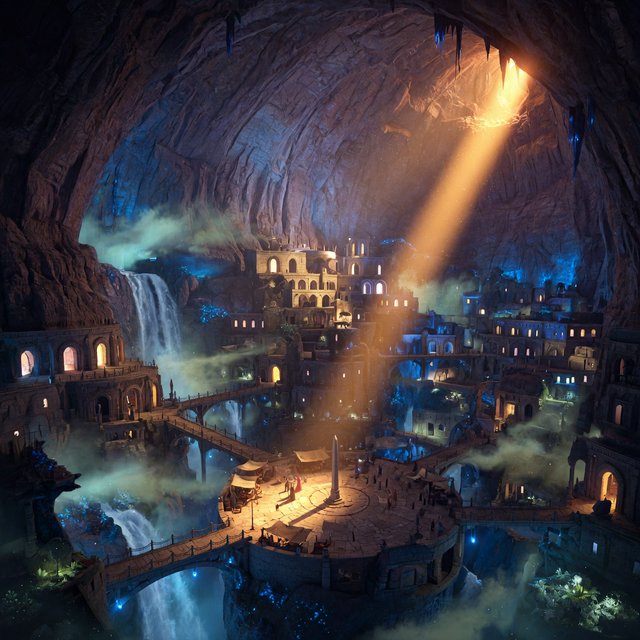 An ancient city carved inside a hollow mountain glows with windowlight, its terraced bridges spanning a blue-lit cavern while mineral mist rises around distant waterfalls and a narrow beam of sunrise reaches the deepest plaza. — Grok Imagine Image Quality