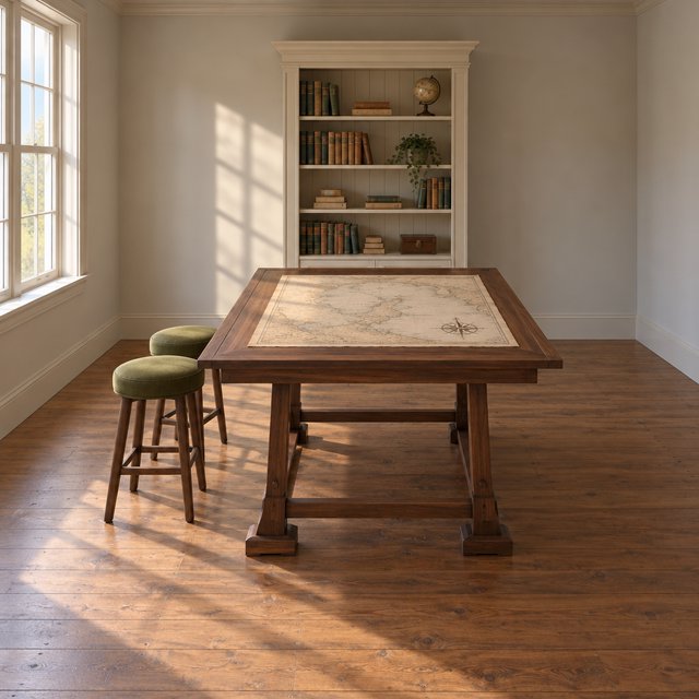 A quiet mapmaking room contains exactly one walnut drafting desk at the center, two moss-green stools side by side along its west edge, and one cream bookcase against the north wall; pale morning light, nothing else. — GPT Image 2.5 Sunburst