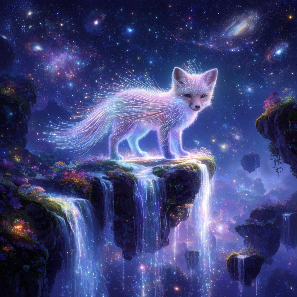 An ethereal fox with crystalline fur navigates a landscape of floating islands. Waterfalls cascade into the starry abyss below, and strange, alien flora sprouts from glowing rocks. This is a magical realism painting, infused with the wonder of distant galaxies. — Krea 2 Large