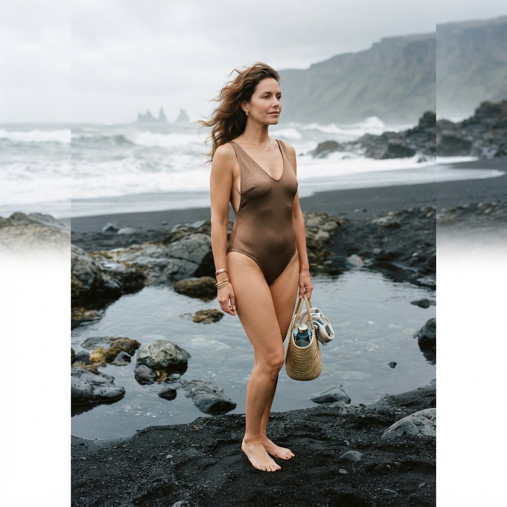 Editorial glamour photograph of an adult woman in a bronze one-piece swimsuit, standing at ease on a quiet black-sand beach beside tide pools, flattering overcast light softly shaping the scene, wind-lifted hair, natural gaze toward distant surf. — Nano Banana 2 Lite