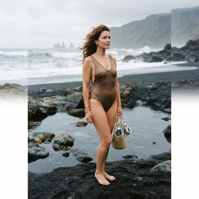 Editorial glamour photograph of an adult woman in a bronze one-piece swimsuit, standing at ease on a quiet black-sand beach beside tide pools, flattering overcast light softly shaping the scene, wind-lifted hair, natural gaze toward distant surf. — Nano Banana 2 Lite