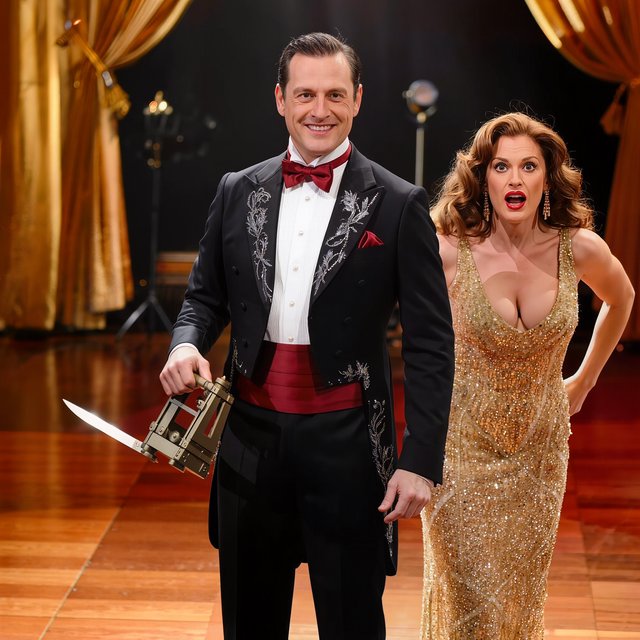 A magician's act on a well-lit stage. A well-dressed magician and glamorous adult female assistant have just unveiled the magician's guillotine. The adult female assistant fakes a worried look, knowing she will shortly participate in the illusion. — Kling v3