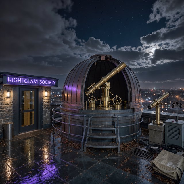 On a rain-darkened rooftop observatory, brass instruments gleam beneath a sliding dome while clouds part above the city; "NIGHTGLASS SOCIETY" glows in violet neon along the entrance canopy. — FLUX 3 Image
