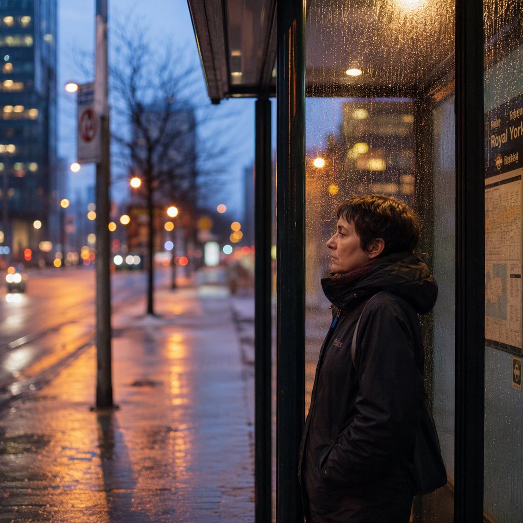 Candid documentary photograph of an adult waiting beside a city bus shelter at dawn, sodium streetlights fading into cool blue daylight, 50mm lens with shallow depth of field, fine rain droplets clinging to the shelter glass. — GPT Image 2
