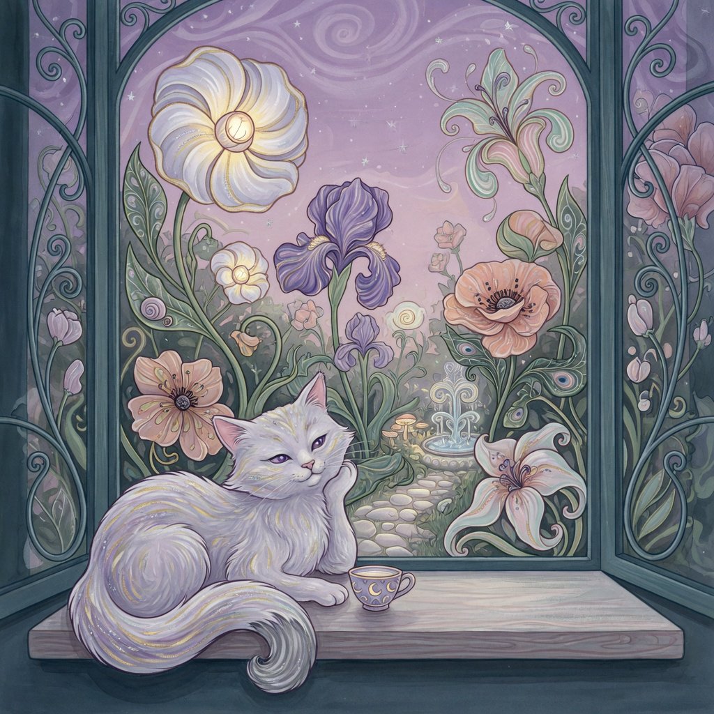 A whimsical cat with fur like spun moonlight sits on a windowsill overlooking a dreamlike garden. The garden is filled with oversized, fantastical flowers rendered in a soft, painterly style, with elements of Art Nouveau curves in the plant designs. The overall mood is serene and enchanting. — Grok Imagine Image Quality