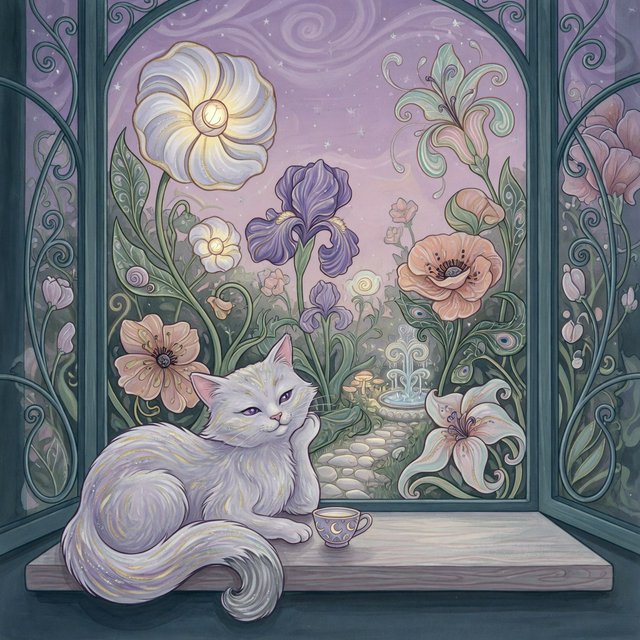 A whimsical cat with fur like spun moonlight sits on a windowsill overlooking a dreamlike garden. The garden is filled with oversized, fantastical flowers rendered in a soft, painterly style, with elements of Art Nouveau curves in the plant designs. The overall mood is serene and enchanting. — Model 6
