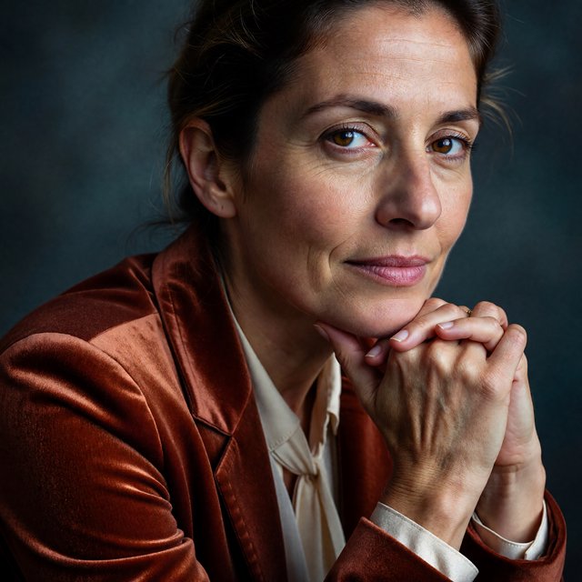 Portrait of an adult woman in her 30s wearing a rust-colored velvet jacket over an ivory blouse, one hand resting beneath her chin, thoughtful expression, deep teal studio backdrop, soft side lighting and gentle cheek highlights. — ImagineArt 1.5 Pro