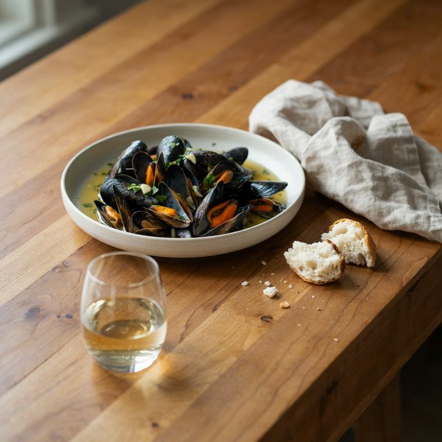 Beside a rumpled linen napkin, an in-progress supper shows a shallow bowl of mussels, torn bread, and a half-full glass on a wooden table. A natural-light dining snapshot, shot at 50mm with shallow depth of field, catches crumbs and glossy broth. — Ideogram v4.5