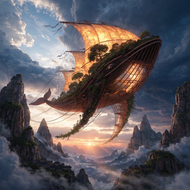 A vast, whale-shaped sky barge sails between mountain spires, its copper ribs supporting gardens and glowing sailcloth. Below, cloud rivers curl around tiny cliff villages as sunset pours through storm breaks, outlining the vessel in molten gold. — Recraft v4