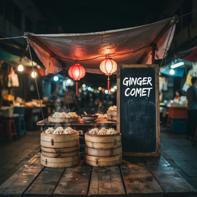 Steam curls above baskets of dumplings at a lively night-market stall, lantern light warming its canvas canopy; "GINGER COMET" is chalked in bold white letters on a blackboard beside the serving counter. — Ideogram v4.5