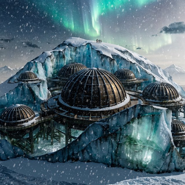 An abandoned observatory carved into a glacier, its bronze domes protruding from blue ice, aurora light filtering through crevasses, tiny adult explorers on a distant ridge emphasizing immense scale, drifting snow and deep polar shadows. — Recraft v4 Pro