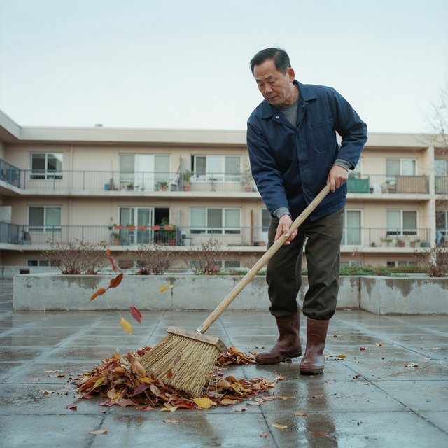 Candid documentary photograph of an adult groundskeeper sweeping damp leaves from an apartment courtyard, pale overcast morning light, 35mm lens with moderate depth of field, a few leaves caught midair in motion blur. — Ideogram v4.5