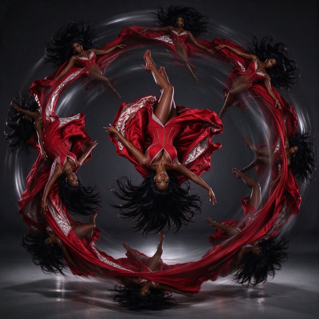 Image of a pop-dance African-American diva. The woman hangs completely inverted in mid-air, head pointing toward the floor and legs toward the ceiling. Her huge hair falls and spreads dramatically in the opposite direction, while her expression remains cool and composed. Her red gown is turned inside out, exposing its sparkling lining, seams, and construction. To push the surrealism further, a second, reversed version of her silhouette appears to peel outward from her original form, like a three-dimensional reflection escaping its owner. Multiple copies of the woman circle around a central point, each rotated to a different angle. Their flowing hair and red gowns form a pinwheel or circular vortex, creating the impression that one woman is spinning endlessly around herself. — Seedream 5.0 Flash