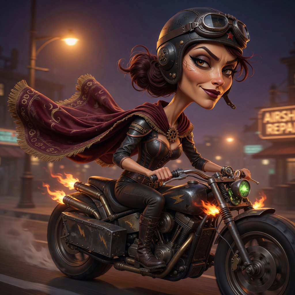 A modeled 3D character design featuring exaggerated, caricatured proportions and a striking silhouette—combined with subtle, nuanced skin shading and warm, cinematic rim lighting—creates an elegant aesthetic reminiscent of modern animated films. The result is a polished, stylized rendering characterized by rich color depth, expressive caricatured facial features, painterly texture details, and a dramatic, theatrical atmosphere typical of contemporary animation. An adult female superhero with a flowing cape on a moving motorcycle. Dieselpunk style. — Grok Imagine Image Quality