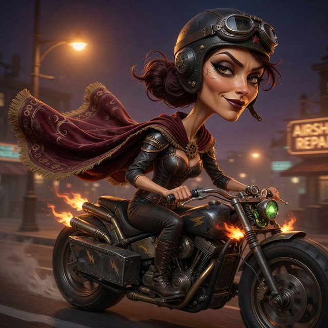 A modeled 3D character design featuring exaggerated, caricatured proportions and a striking silhouette—combined with subtle, nuanced skin shading and warm, cinematic rim lighting—creates an elegant aesthetic reminiscent of modern animated films. The result is a polished, stylized rendering characterized by rich color depth, expressive caricatured facial features, painterly texture details, and a dramatic, theatrical atmosphere typical of contemporary animation. An adult female superhero with a flowing cape on a moving motorcycle. Dieselpunk style. — Grok Imagine Image Quality