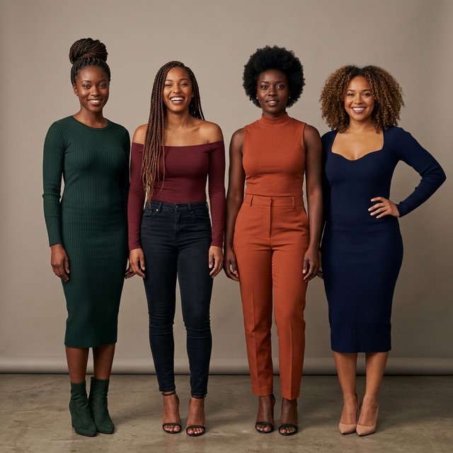 Realistic image of four women standing near each other. All are wearing fitted outfits. All are slim but still curvy Black women. Each woman has a unique, pretty face, and they all look different from one another. Full-body image. Plain background. — Model 13