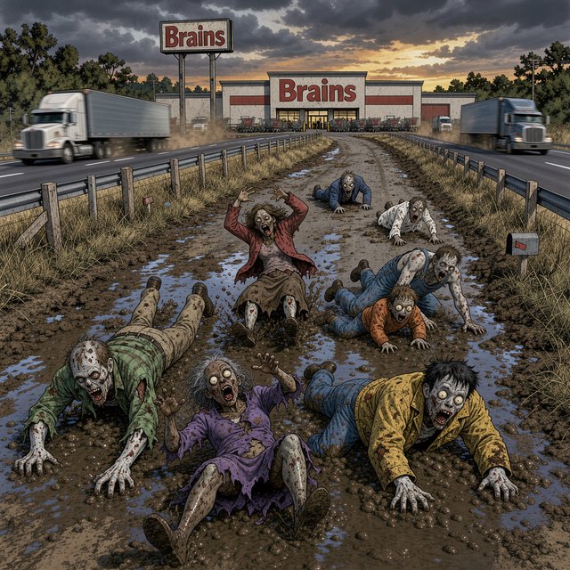 Several weird-looking zombies, some cross-eyed and some wide-eyed, are heading towards a superstore far ahead named "Brains". The superstore is located beside a highway with some trucks driving along it. The zombies are on a rural road connecting to the highway. There are patches of mud in one place on the rural road. The zombies are slipping on the mud and falling—some on their faces, some on their backs, and some on top of other zombies. A couple of fallen zombies are crawling up to the highway, where speeding trucks are passing by. Make it dramatic but funny. — Model 1