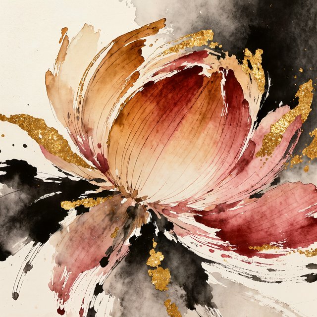 Gently sweeping forms emerge from long, subtle color transitions and soft contours. Bold ink strokes create resilient, confident edges that taper and densify in response to pressure. Raised, polished gold captures directional light in warm, metallic flashes. Luminous, rim-lit gradients blend wet-on-wet into floating patches of color, while a restrained palette of warm ochre, ivory, and deep crimson creates radiant, painterly highlights against a soft, atmospheric background. A flower in the summer wind. — Kling v3