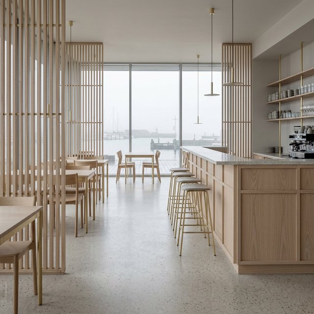 Inside an empty harbor café, restrained Danish modern design pairs ash slat screens, pale terrazzo, and brushed brass; overcast window light reaches the counter, viewed from the entrance, with aligned joinery and believable supports. — Model 15