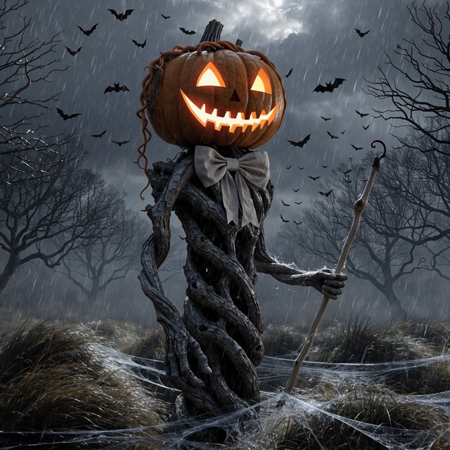Chiaroscuro contrast, inner-lit glows, dense central detail fading into haze and velvety darkness. A pumpkin-headed scarecrow with a jack-o-lantern face, glowing eyes, stitched grin, bow tie, bark torso, and wooden staff stands in a night forest clearing with dry grass, cobwebs, bats, bare branches, — Model 19