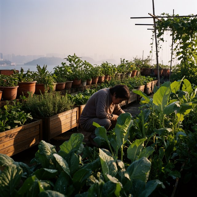 Candid documentary photograph of an adult tending a rooftop vegetable garden in the late afternoon, soft side light, 50mm lens with moderate depth of field, water droplets glinting on freshly watered leaves. — Krea 2 Large