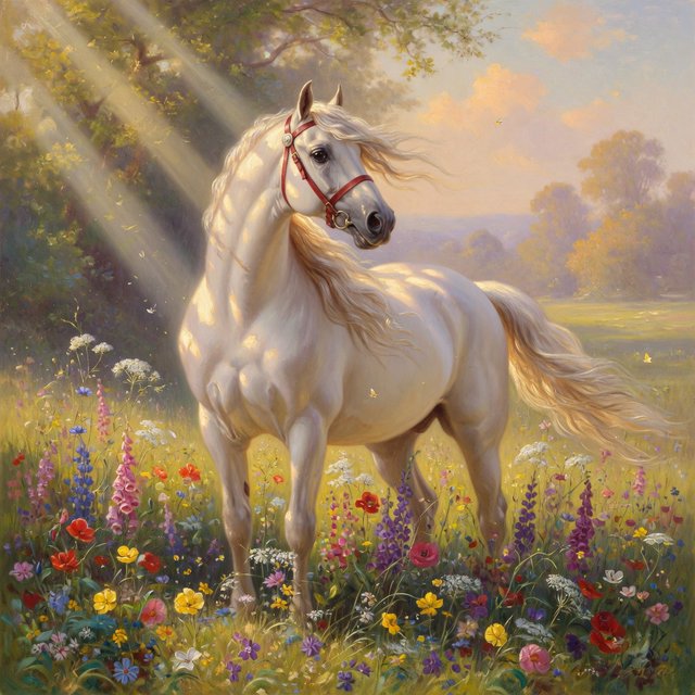 a regal white horse with a flowing mane, standing in a sun-dappled meadow filled with vibrant wildflowers. Gentle light illuminates the scene, highlighting the horse's powerful physique and the delicate details of the flowers. The style is reminiscent of Romantic era landscape paintings with a soft, impressionistic touch. — Grok Imagine Image Quality