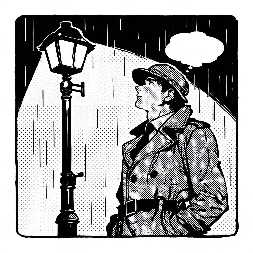 Comic panel of a detective in a trench coat under a streetlamp in the rain, bold ink, halftone shading, no speech bubbles. — Midjourney Niji 7
