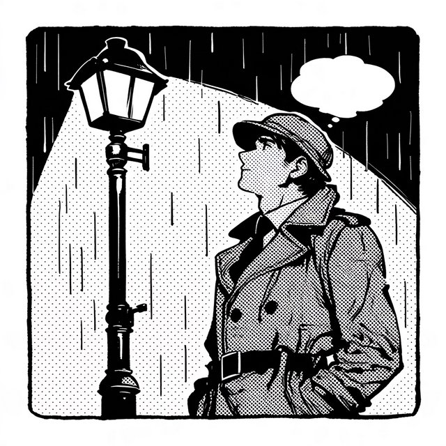Comic panel of a detective in a trench coat under a streetlamp in the rain, bold ink, halftone shading, no speech bubbles. — Midjourney Niji 7