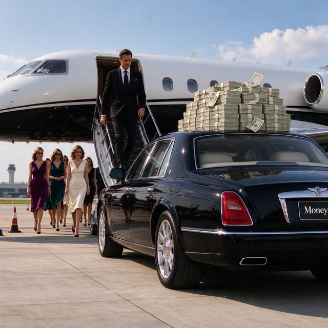 A man dressed in very nice formal clothes is getting off a private black-and-white plane. Many beautiful adult women in dresses are following the man. The man is heading toward a very high-end classic black car. The word "Money" is on the car's license plate. On top of the car is a ton of money. It is the afternoon. The vibe is cool and rich. — Seedream 5.0 Flash