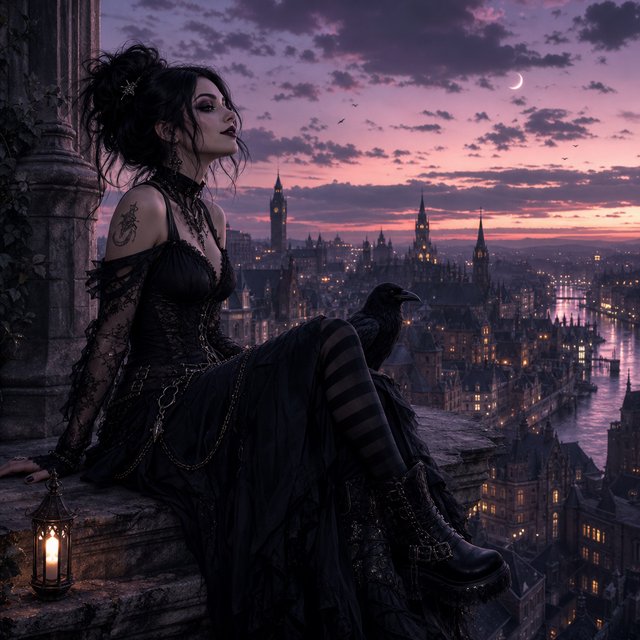 A whimsical gothic woman sitting on a ledge overlooking the city. — GPT Image 2