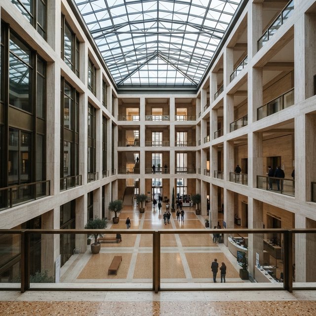 A soaring civic atrium in contemporary Italian Rationalist style pairs pale travertine, bronze mullions, and terrazzo beneath a glazed roof; cool morning light falls from above, viewed from a mezzanine, with aligned bays and credible supports. — Nano Banana 2 Lite