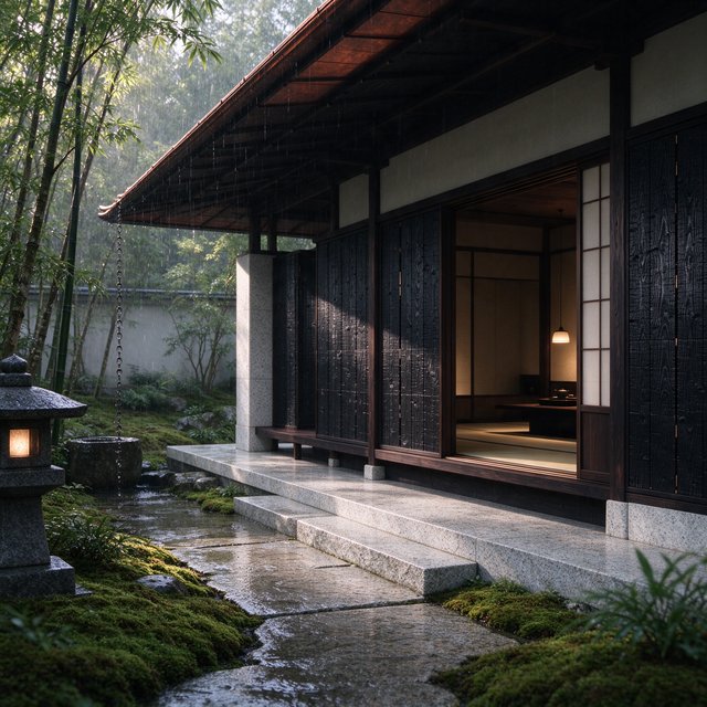 Exterior of a Kyoto-inspired contemporary teahouse in restrained Japanese timber architecture, charred cedar screens, pale granite, and a copper-clad roof; soft rain-bright afternoon light, viewed obliquely from a moss garden path, precise joinery and credible structure. — Seedream 5.0 Flash